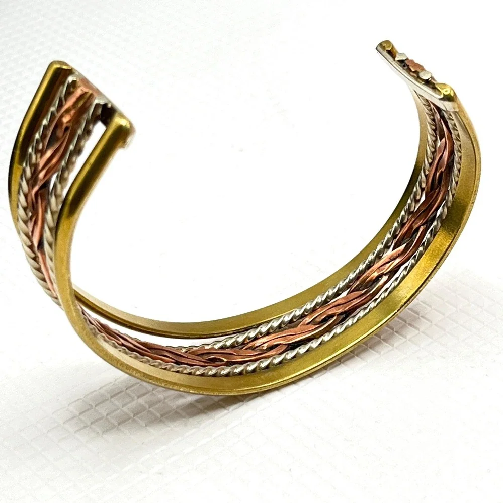Vintage Copper Tri-Tone Braided Rope Cuff Bracelet w/ Gold and Silver Tone